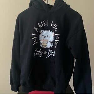 Black Hoodie sweatshirt “Just a girl who loves Cats and Boba” logo size Small.